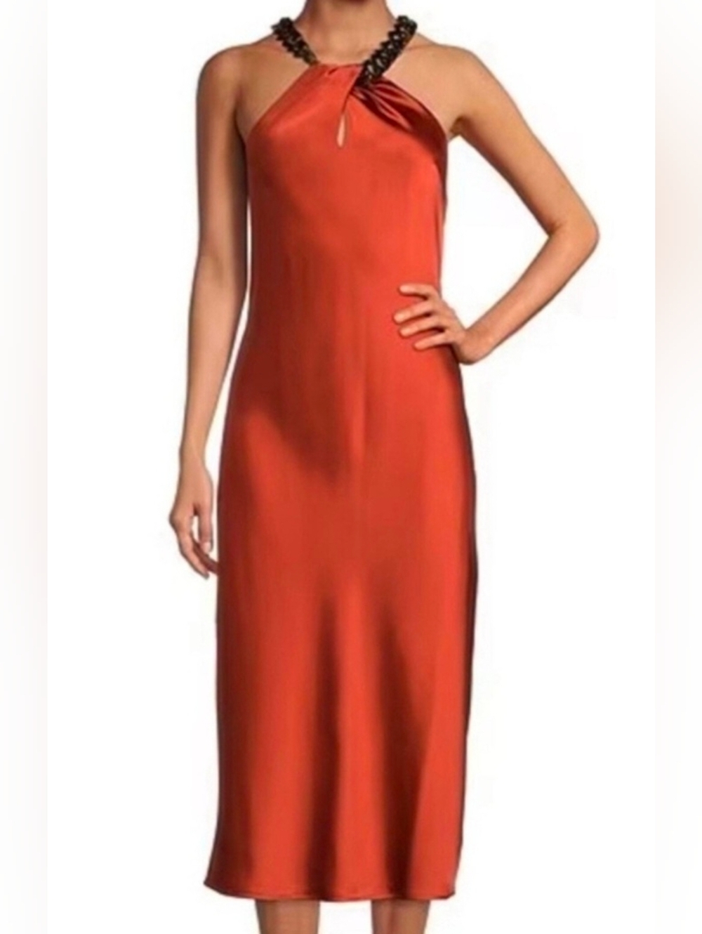 Gianni Bini Satin Halter Everly  Midi Dress in Burnt Orange